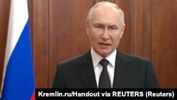 Уладзімір Пуцін падчас свайго звароту да расейцаў. Скрыншот зь відэазапісу ад 24 чэрвеня 2023 году. Масква, Расея