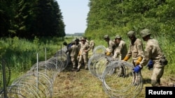 Літоўскія памежнікі ўсталёўваюць агароджу з калючага дроту на мяжы зь Беларусьсю, жнівень 2021