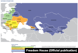 Краіны, пазначаныя бэзавым колерам, маюць найгоршыя рэйтынгі як дзяржавы, дзе ўкараніўся кансалідаваны аўтарытарны рэжым