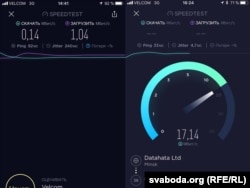 Хуткасьць мабільнага інтэрнэту ад апэратару velcom падчас канцэрту ля Опэрнага тэатру (фота 1) і за 500 мэтраў ад яго (фота 2)