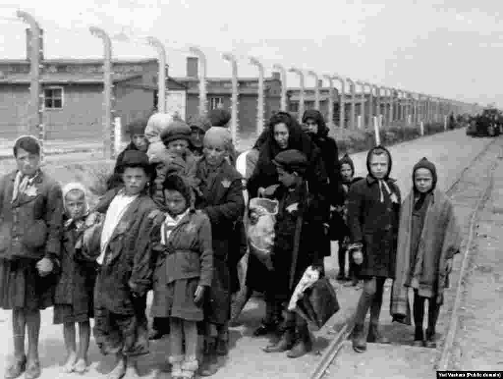 На фота справа: 1944 год. Жанчына з дзецьмі накіроўваецца ў газавую камэру. На заднім фоне відаць драўляныя баракі - гэта лягер &laquo;Біркэнаў&raquo;, які дадаткова быў пабудаваны ў &laquo;Аўшвіцы&raquo;. Пасьля вайны гэтыя будынкі былі разбураныя, але цагляныя сьцены і коміны захаваліся.