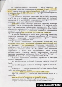 Лябараторна пацьверджанае перавышэньне нормаў утрыманьня нітратаў і жалеза, а таксама паказьніку мутнасьці